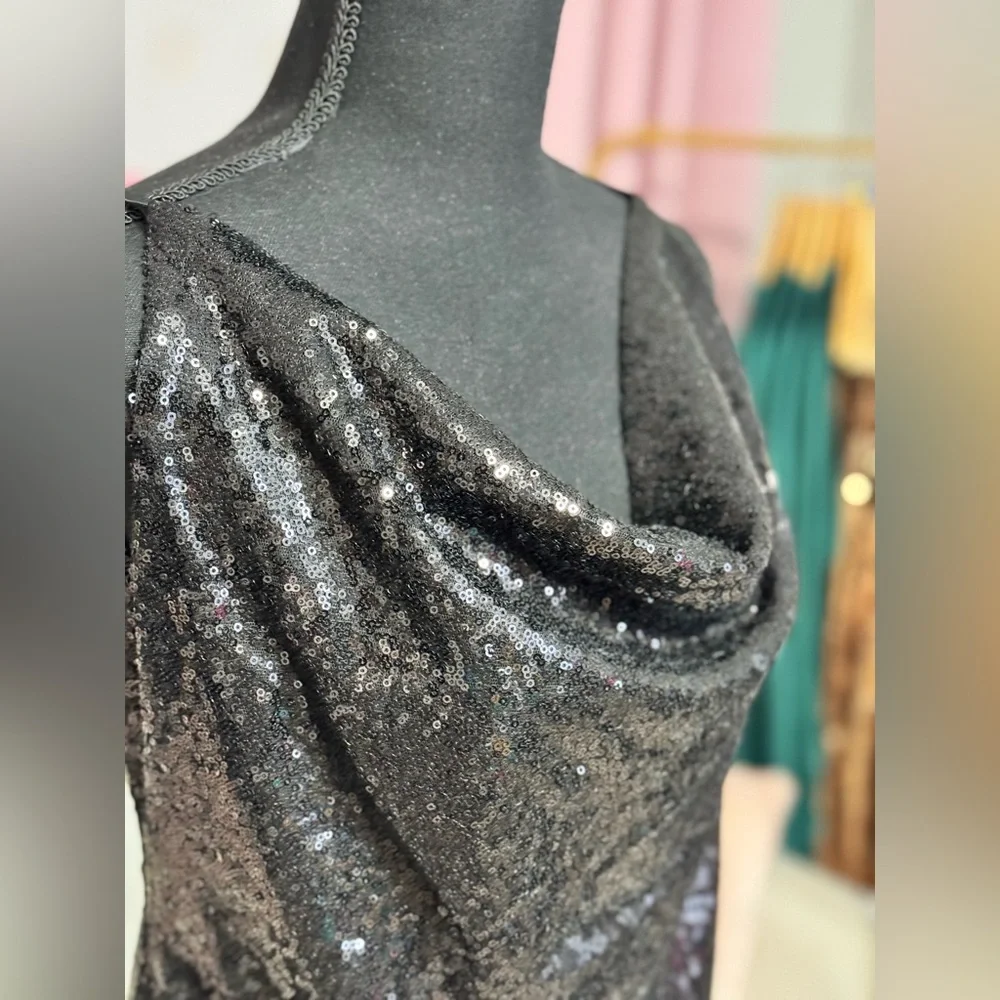 Black Sequin Cowl Neck Crisscross Back Mini Dress - Picture 5 of 6